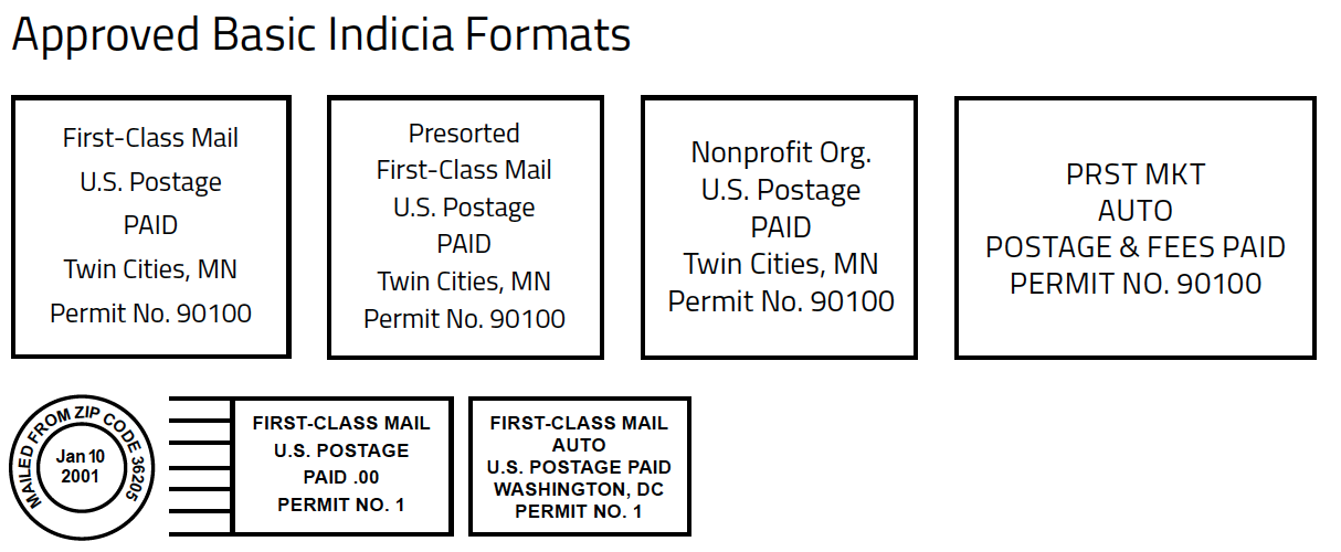 Examples of approved basic USPS indicia formats for First-Class Mail, Presorted, Nonprofit, and Marketing mail