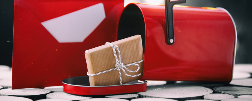 Small package tied with string inside an open red mailbox