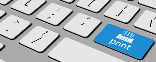 a closeup of a keyboard with a blue button that says print