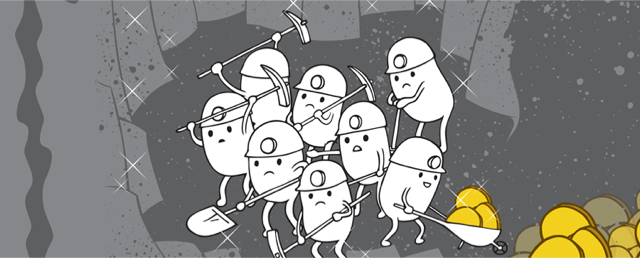 Cartoon-style group of miners digging for gold with pickaxes and wheelbarrows in a cave