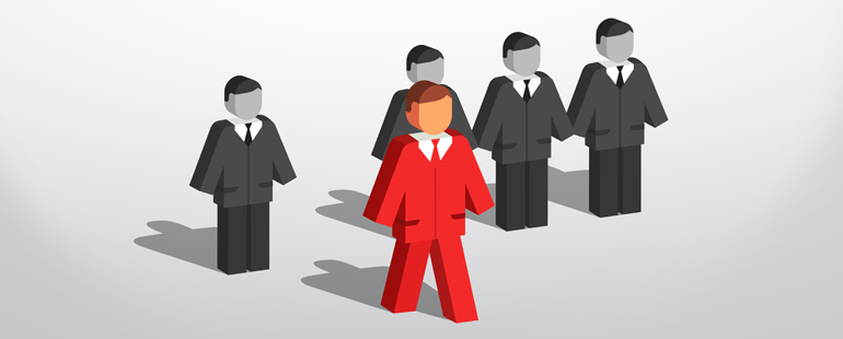 Illustration of a standout business figure in red among gray silhouettes representing leadership or lead generation
