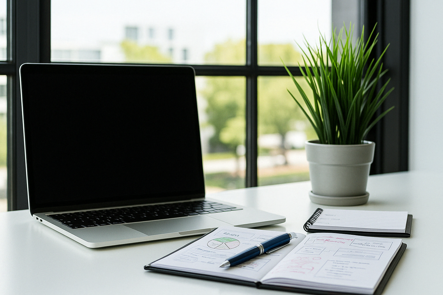 a laptop on a desk with a notebook