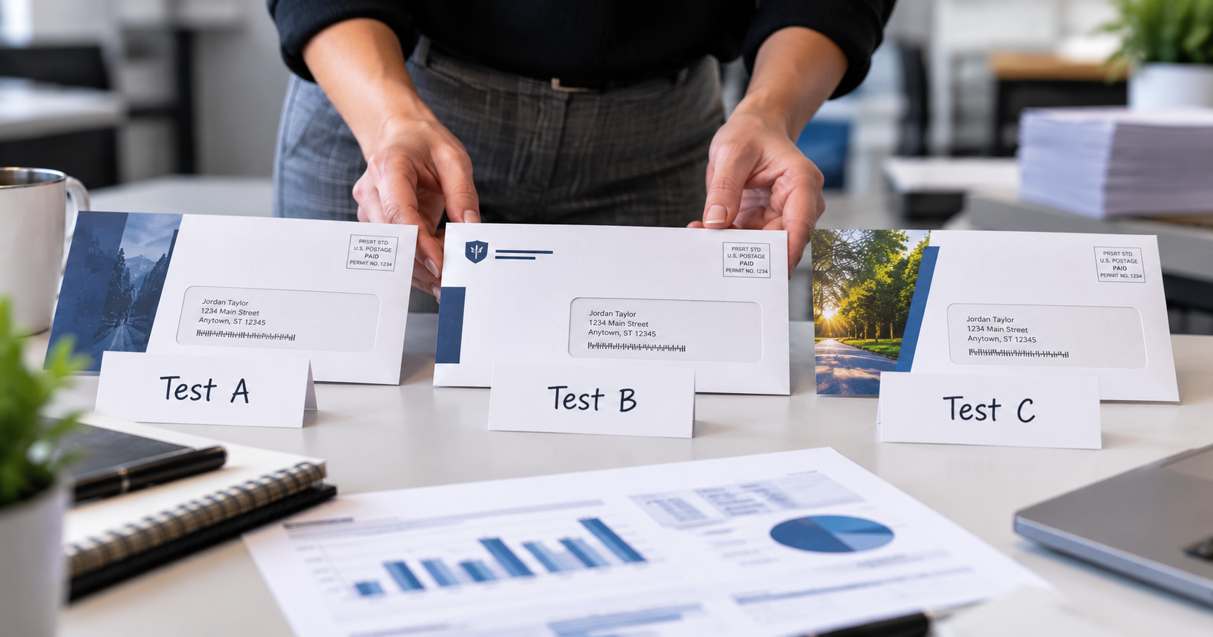 Person comparing three B2B direct mail test variations labeled Test A, Test B and Test C.