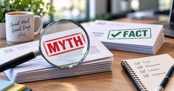 Magnifying glass highlighting a myth stamp on direct mail envelopes beside a fact stamp and testing checklist.