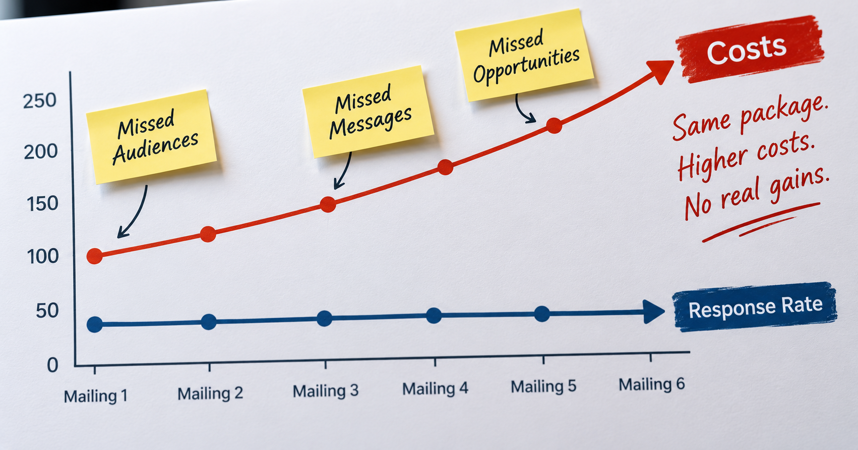 Direct mail performance chart showing rising mailing costs, flat response rates and missed opportunities from repeating the same package.