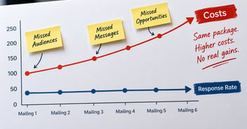 Direct mail performance chart showing rising mailing costs, flat response rates and missed opportunities from repeating the same package.