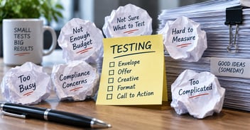 Direct mail testing checklist surrounded by common barriers including budget, time, compliance, measurement and complexity.