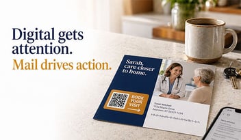 Personalized direct mail postcard with QR code on a kitchen counter, showing how mail drives action after digital gets attention.
