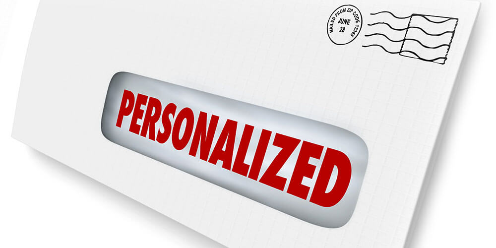 Envelope with the word 'PERSONALIZED' showing through a window, symbolizing smart, targeted direct mail marketing personalization in 2025.