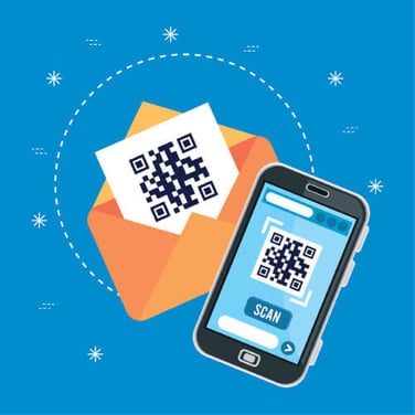 Customer scanning a QR code on a direct mail postcard with a smartphone to access digital content