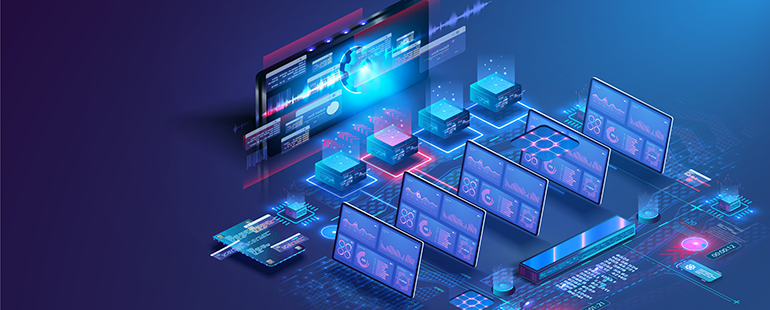 Illustration of data classification and protection using futuristic digital screens and secure servers