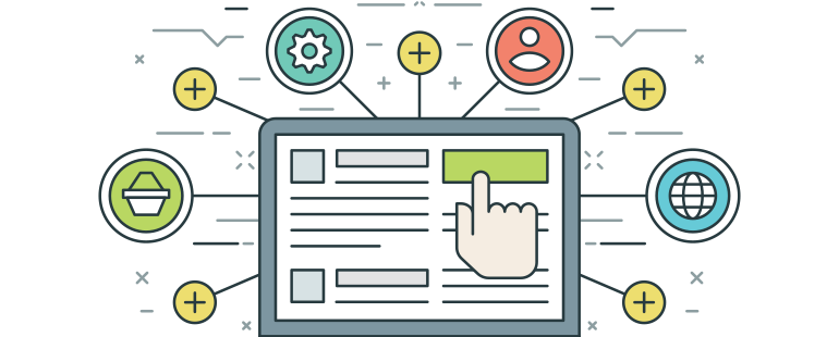 Illustration of a tablet with a hand clicking a button, surrounded by marketing icons like gear, user, cart, and globe