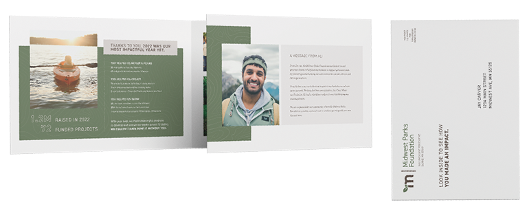 Tri-fold nonprofit annual report with personalized impact highlights and donor message