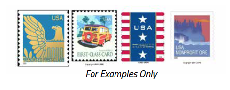 Examples of different types of USPS postage stamps including presorted first-class, first-class card, presorted standard, and nonprofit organization