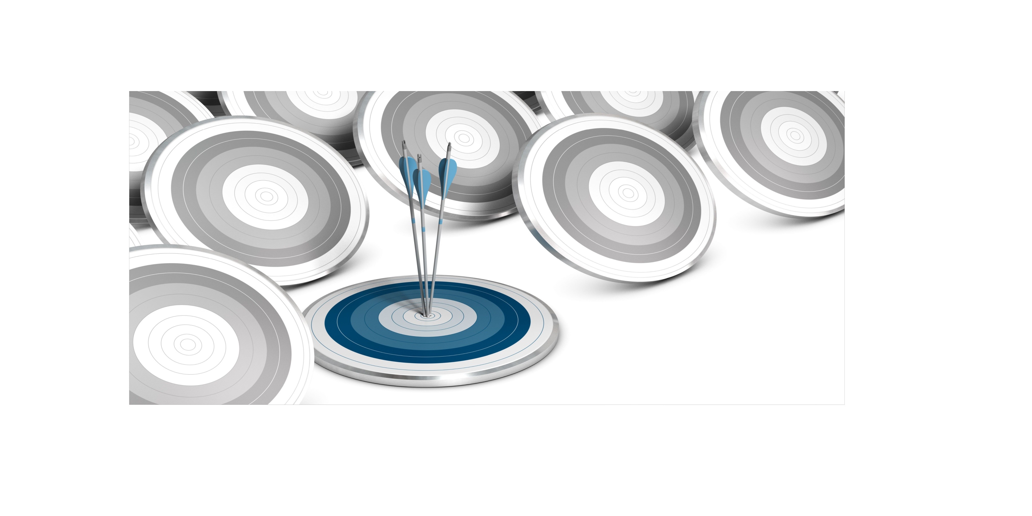 Multiple archery targets with blue darts hitting the bullseye on a central target