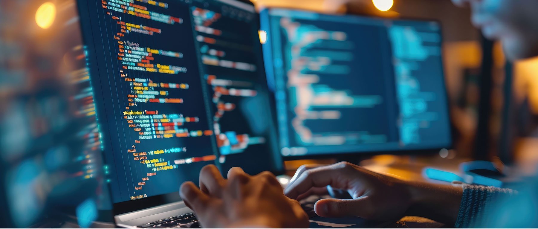 Developer coding on laptop with colorful programming code displayed on multiple screens