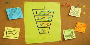 Visual of a full-funnel marketing strategy pinned to a corkboard, with colorful pushpins marking awareness, consideration, conversion, and retention stages—surrounded by hand-drawn analytics and growth charts.