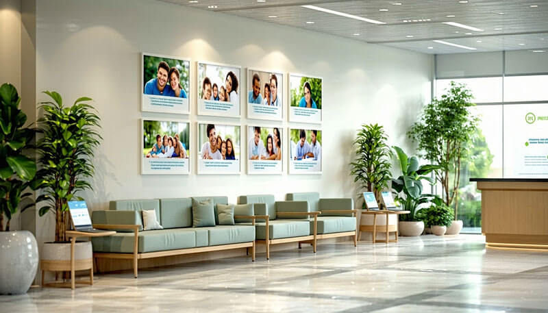 Modern healthcare waiting room with natural light, welcoming seating, patient-focused wall art, and greenery—designed to build trust and comfort.