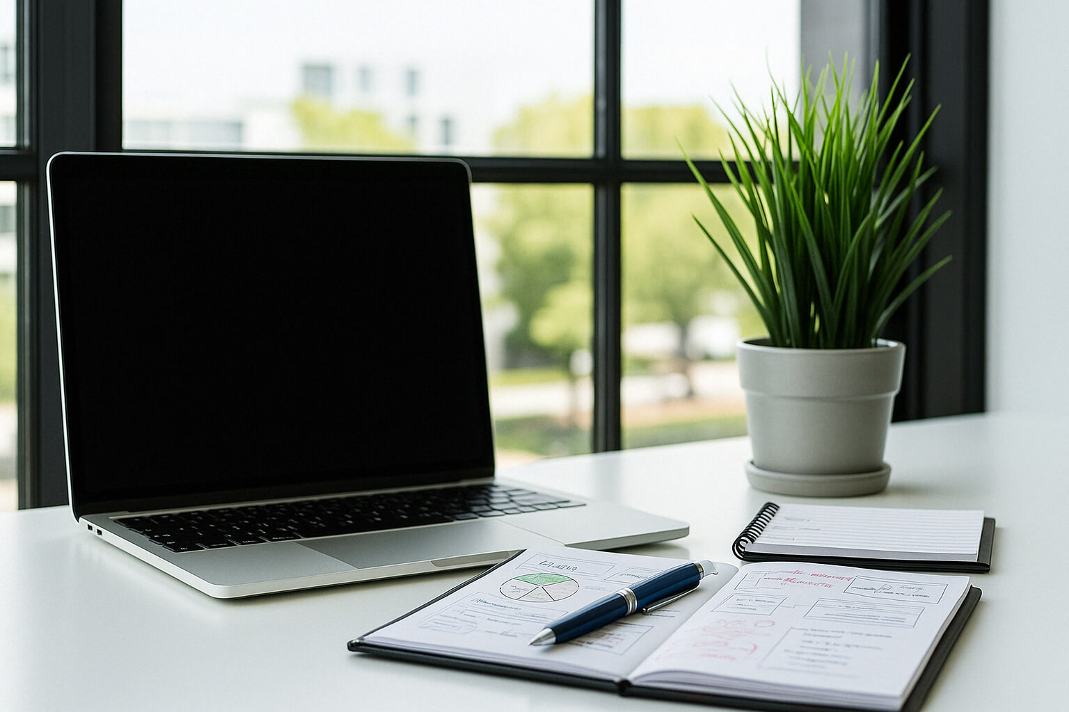 Minimalist workspace with laptop, open notebook, pen, and potted plant by window