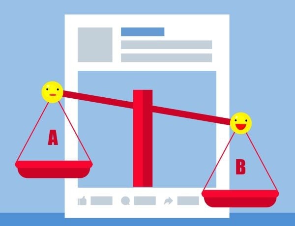 A/B testing concept with smiley faces and scales labeled A and B in front of a social media post illustration