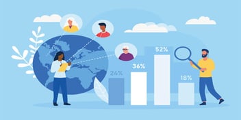 Illustration of nonprofit marketers analyzing global donor segmentation data, with bar graphs showing audience percentages and avatar icons representing diverse donor profiles across different regions