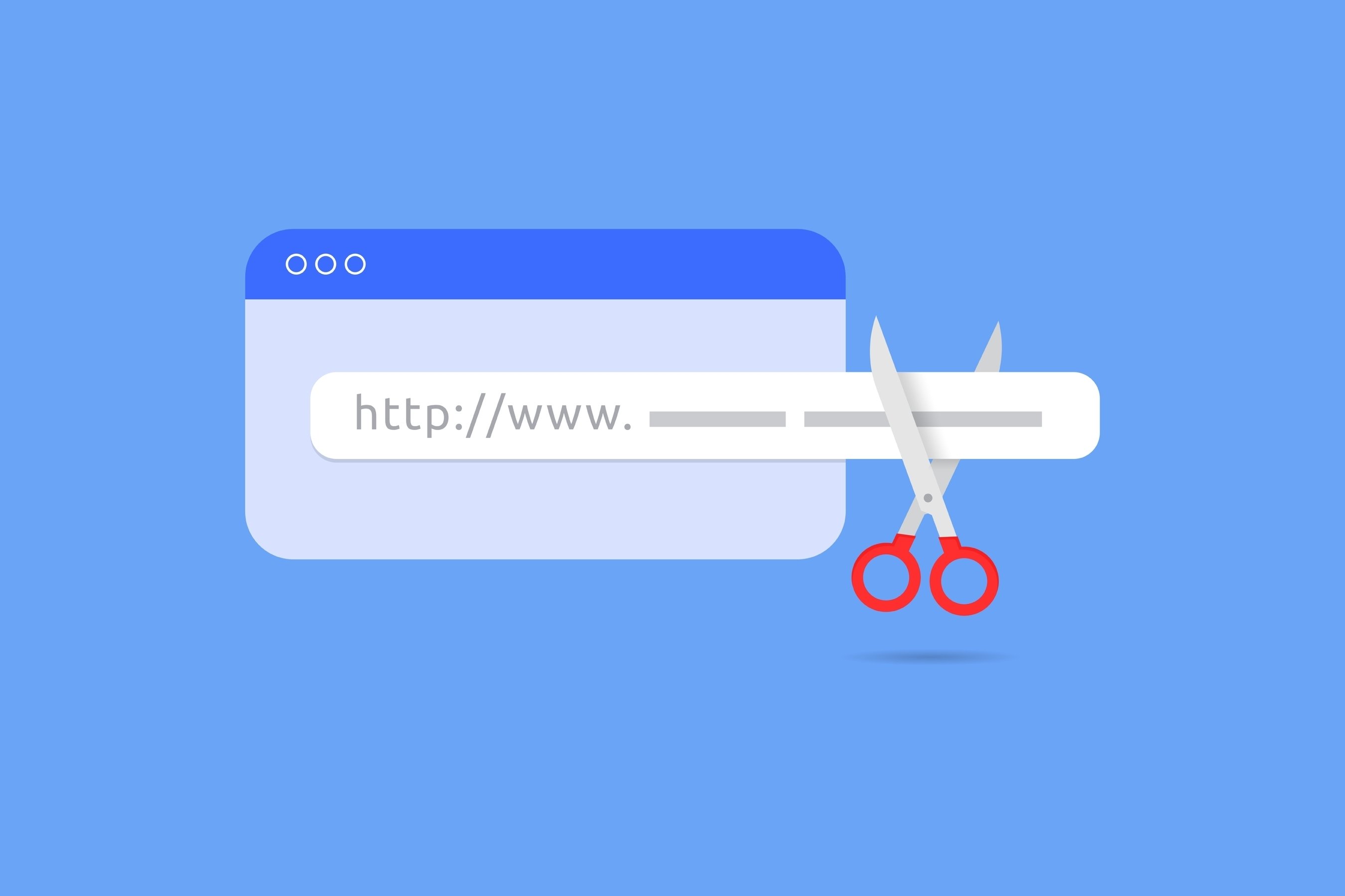 Illustration of a URL being shortened with scissors cutting a web address