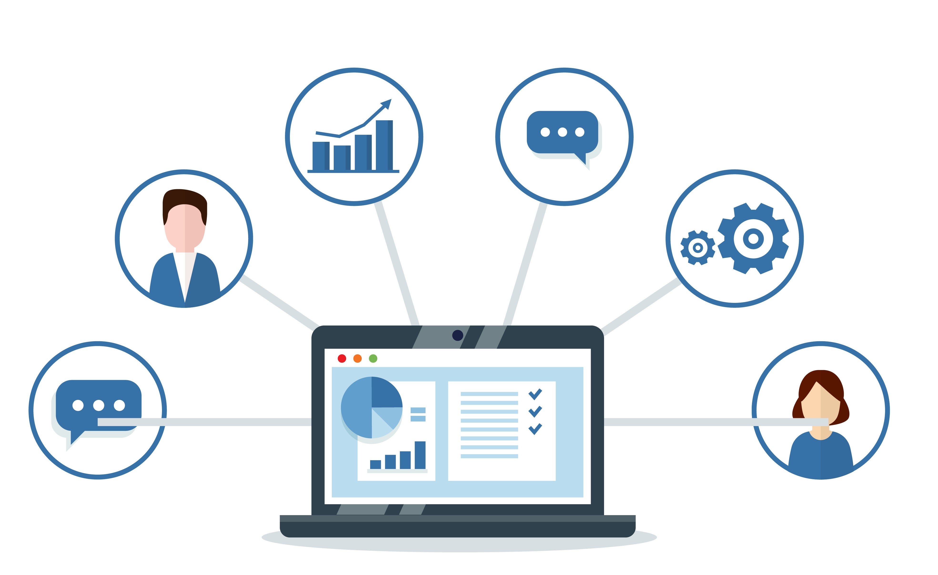 Laptop dashboard with data charts and icons for communication, analytics, teamwork, and user profiles