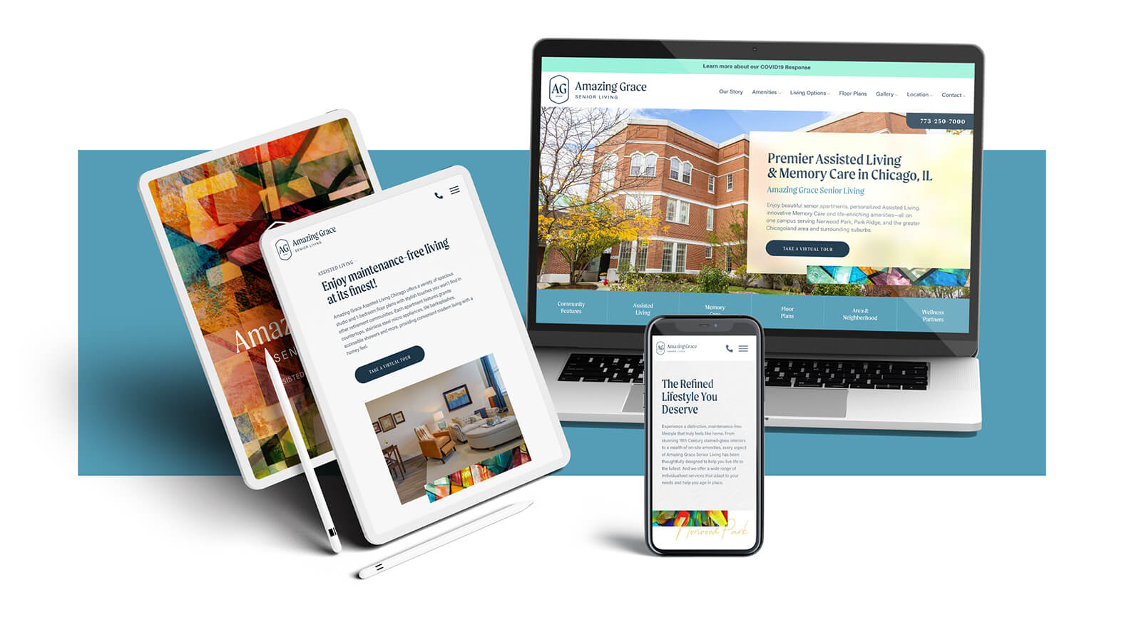 Responsive website design for Amazing Grace Senior Living displayed on desktop, tablet, and mobile devices