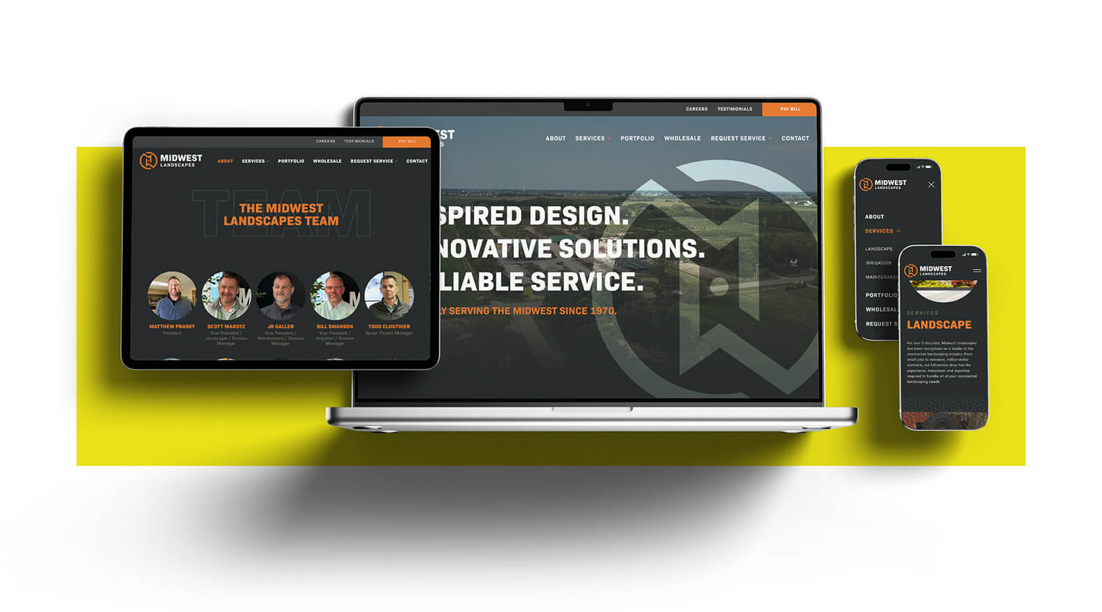 Midwest Landscapes commercial landscaping website displayed on multiple devices