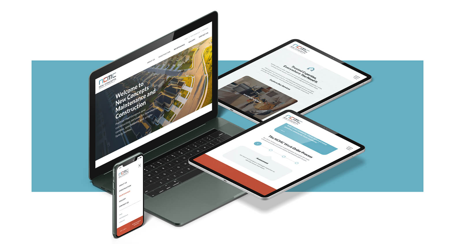 New Concepts Management Group website shown on desktop, tablet, and mobile devices