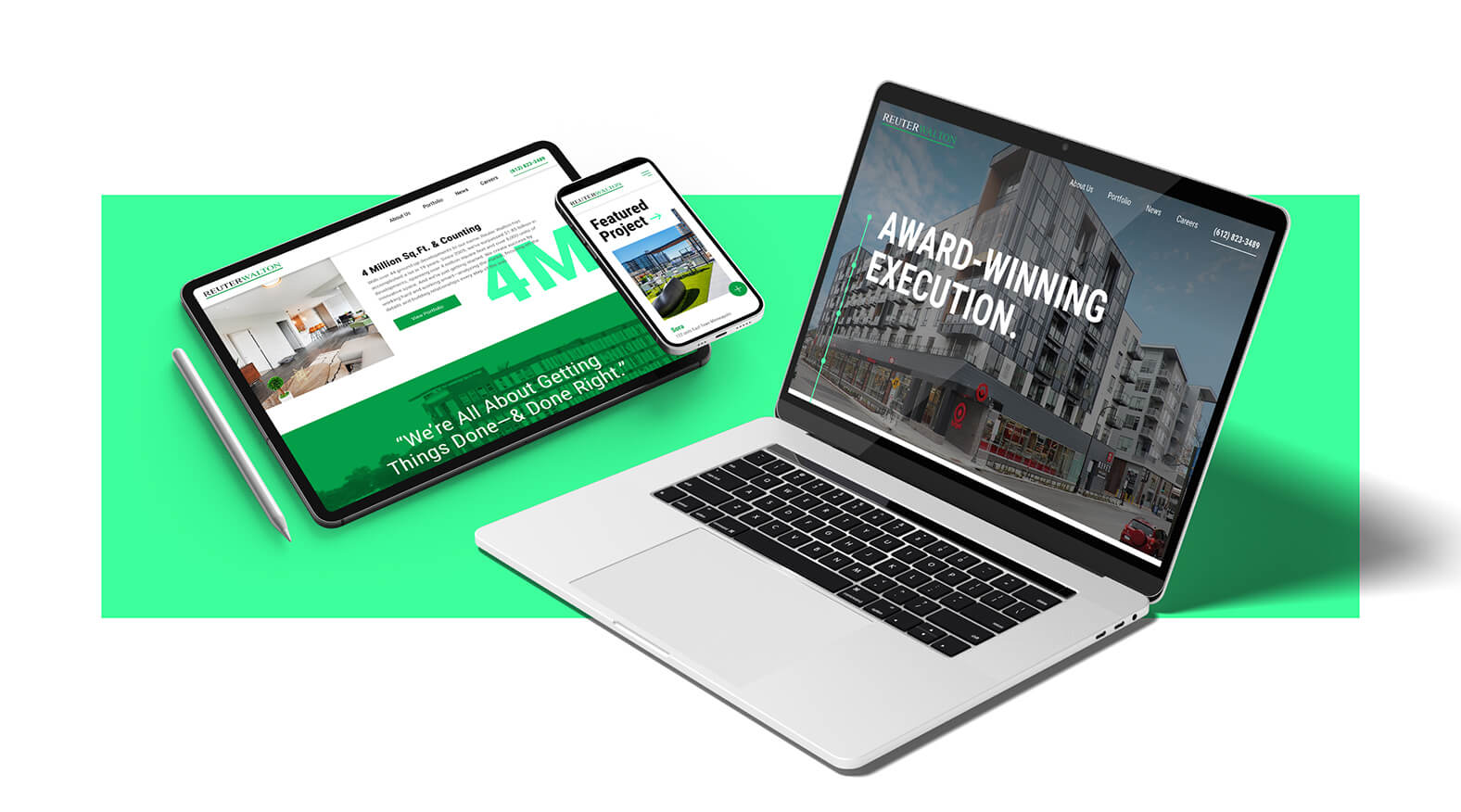 Reuter Walton construction and development website displayed on multiple devices