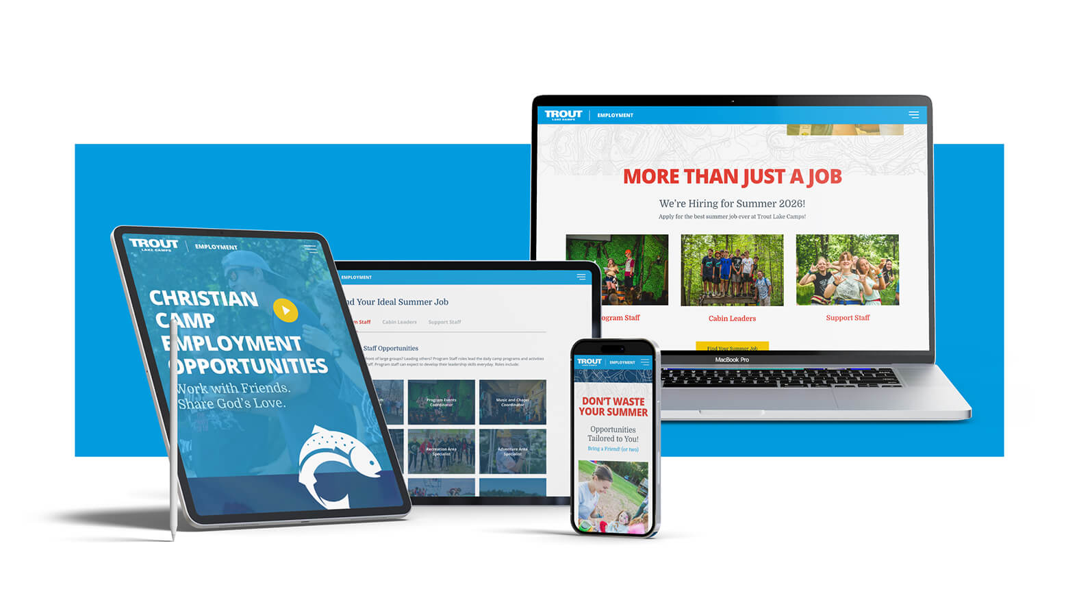 Trout Lake Camps employment website displayed on desktop, tablet, and mobile devices