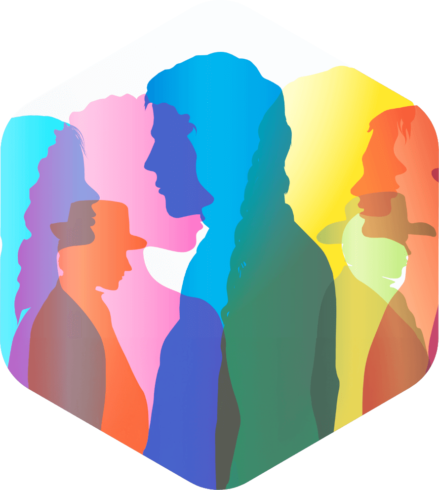 Silhouettes of diverse individuals overlaid in a spectrum of colors including blue, pink, green, and yellow, symbolizing inclusivity and collaboration in the workplace, set against a white hexagonal backdrop.