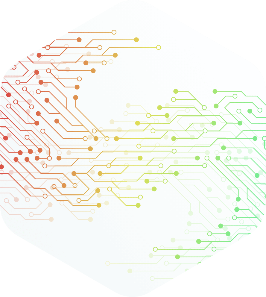 Digital circuit board pattern with branching lines and nodes transitioning from red to green colors, symbolizing the flow of information, network communication, or technological connectivity, on a hexagonal background fading from dark to light.