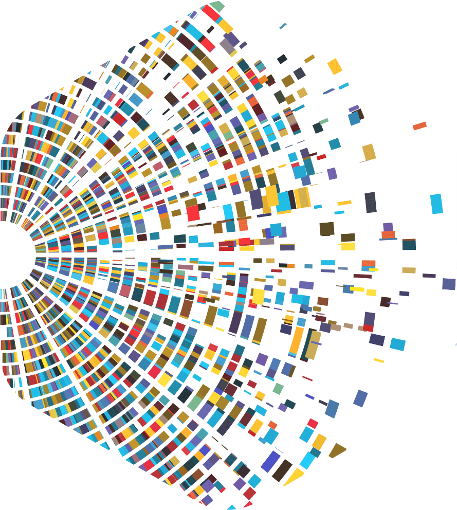 Abstract geometric visualization with a multitude of multi-colored rectangles radiating out from a white circular center, creating a fan-like pattern on a black background, suggestive of data expansion or creative brainstorming.