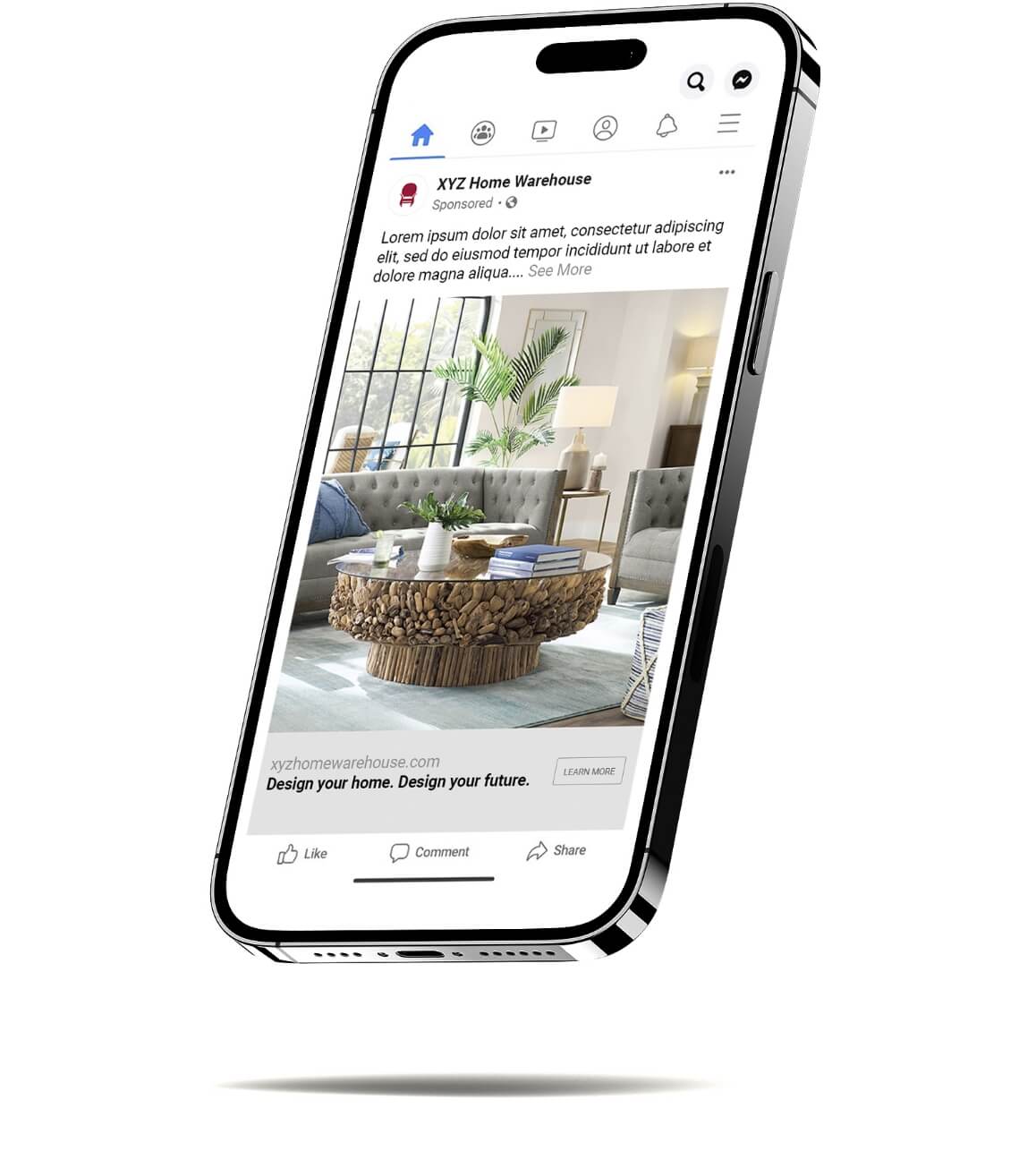 Smartphone displaying a home furniture Facebook ad with a round wood coffee table and modern living room