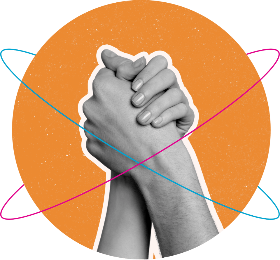 Clasped hands in unity graphic.