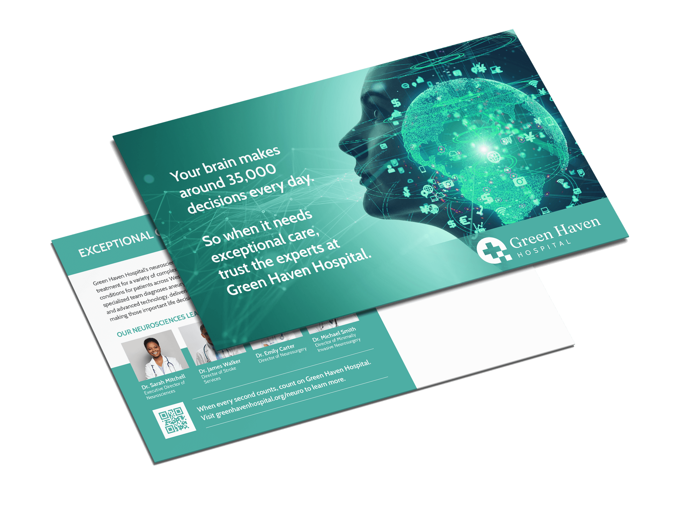 Green Haven Hospital postcard highlighting neuroscience care with glowing brain graphic and provider information
