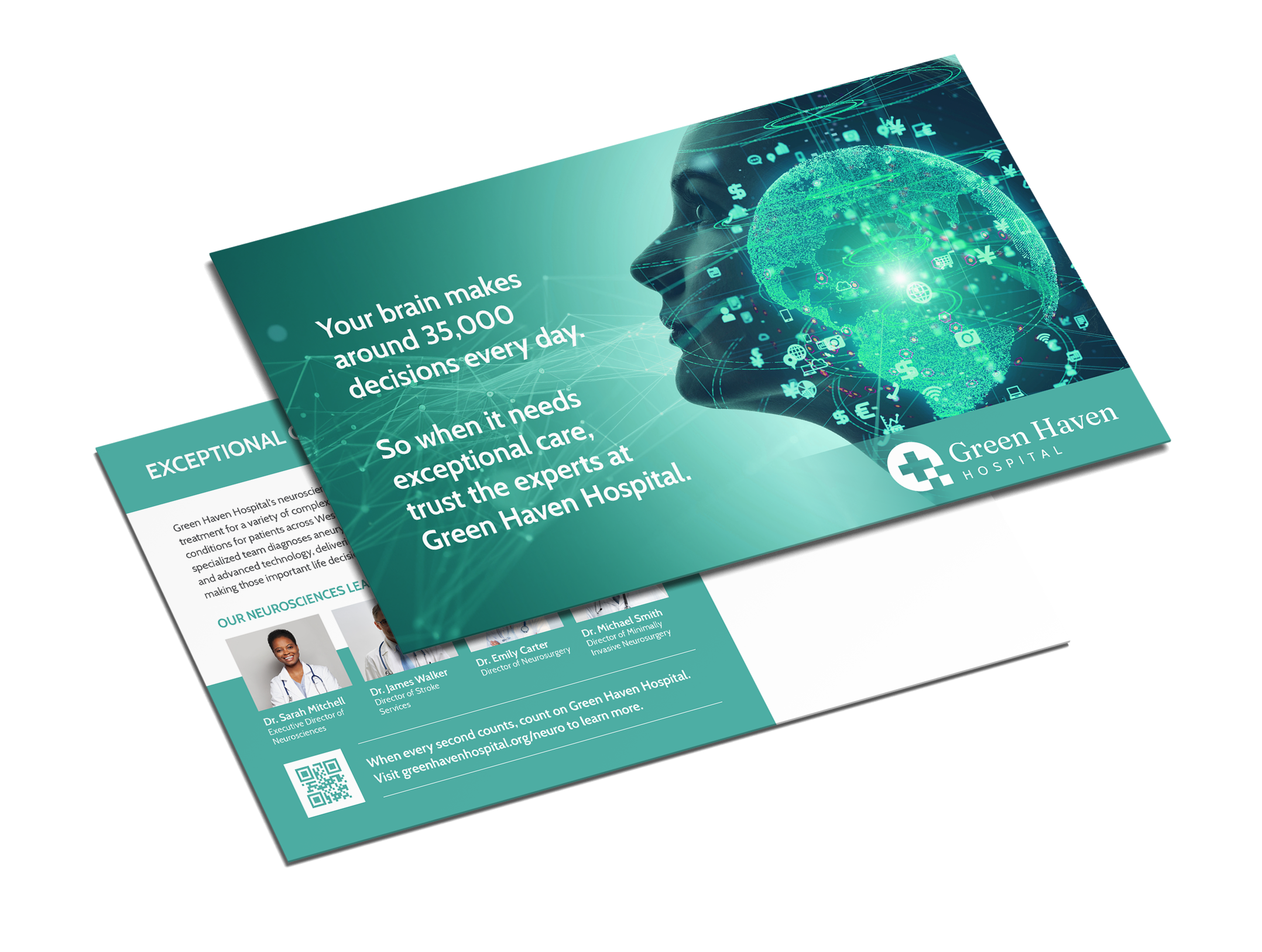Green Haven Hospital postcard promoting neuroscience care with a glowing brain graphic and team of doctors