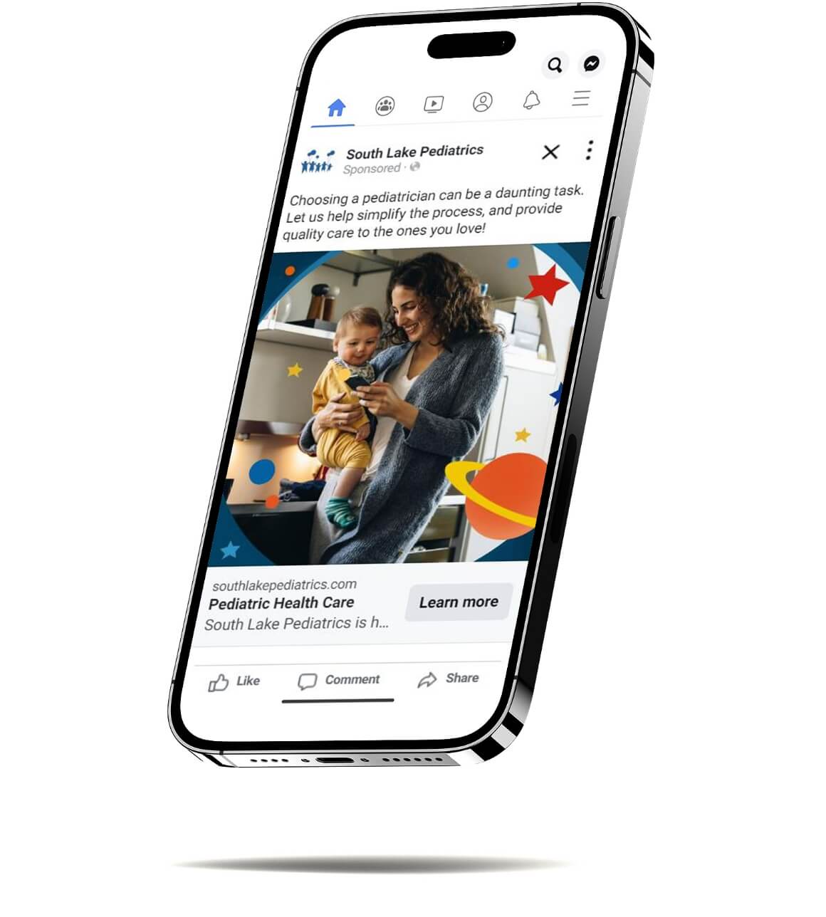 Mockup of a Facebook ad for South Lake Pediatrics displayed on a smartphone, showing a mother and child with the caption promoting quality pediatric care.