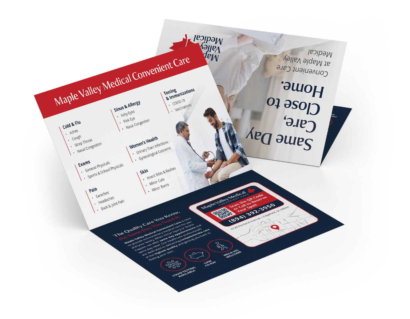 Brochure for Maple Valley Medical Convenient Care highlighting services like cold & flu treatment, exams, pain management, and women's health. Features contact info, QR code, and tagline "Same Day Care, Close to Home." Red and navy color scheme with clear visuals.