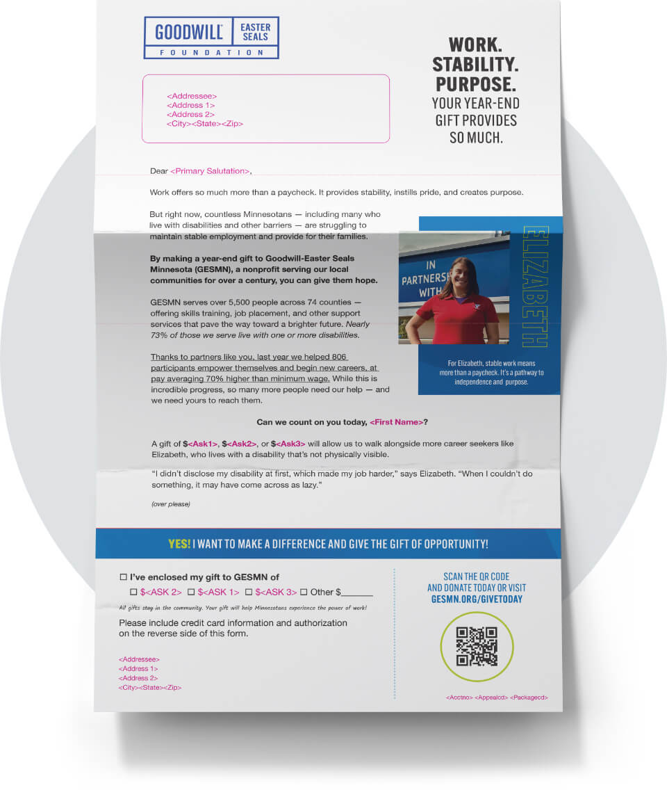 Goodwill-Easter Seals Minnesota year-end donation letter with highlighted sections and a QR code for giving.