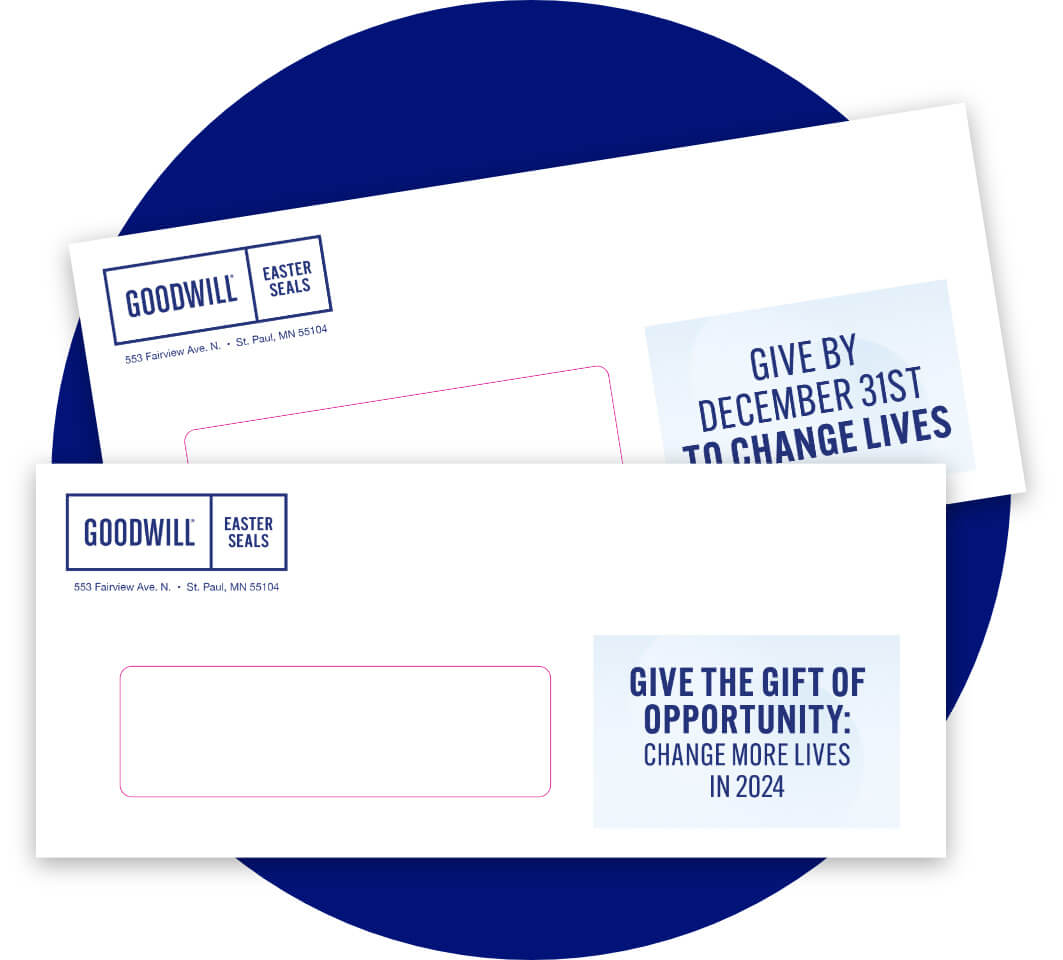 Goodwill branded envelopes with donation messages to encourage giving by December 31st.