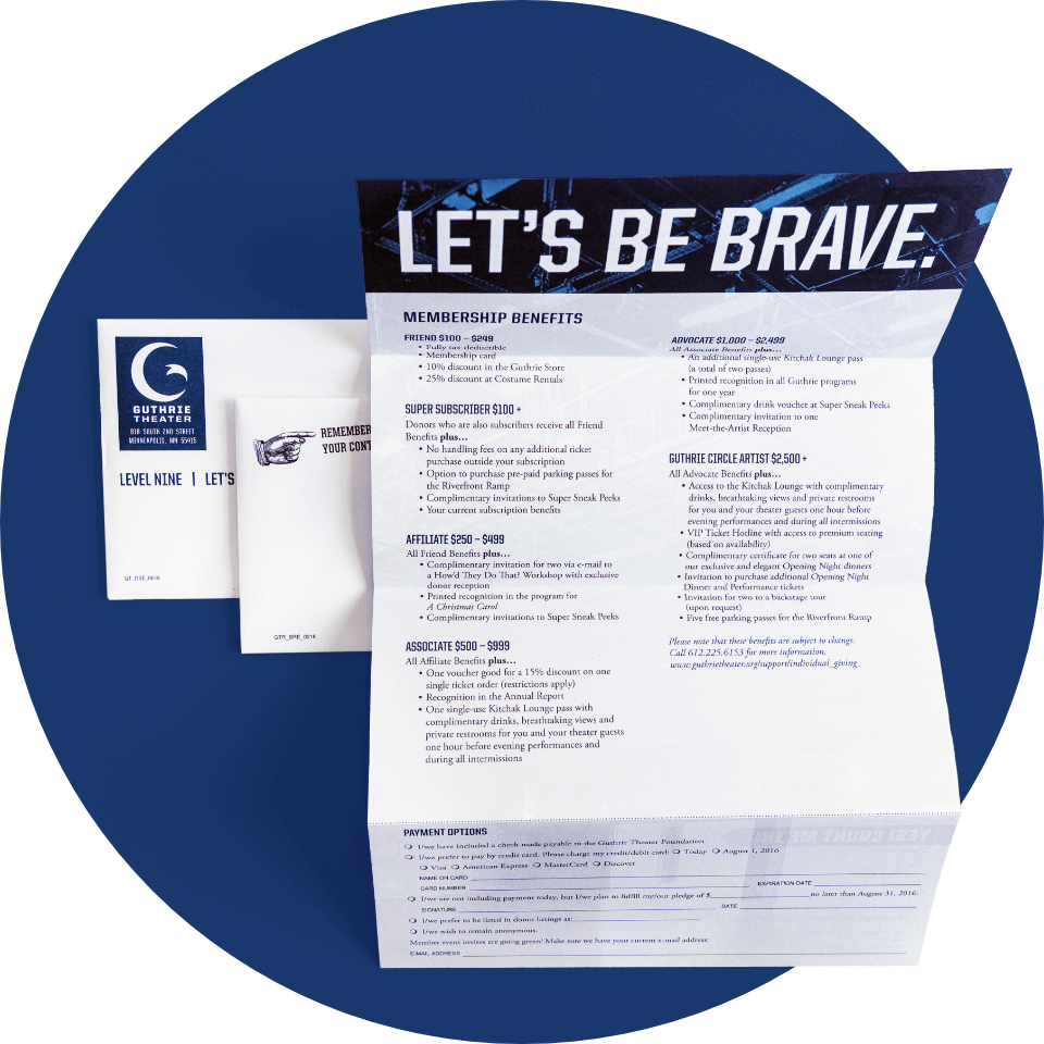 Membership benefits brochure from Guthrie Theater titled 'Let's Be Brave' with different levels of membership and associated benefits.
