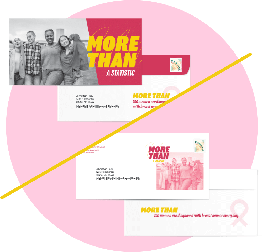 Mailing envelopes and a flyer with 'More Than a Statistic' headline, highlighting that 700 women are diagnosed with breast cancer every day.