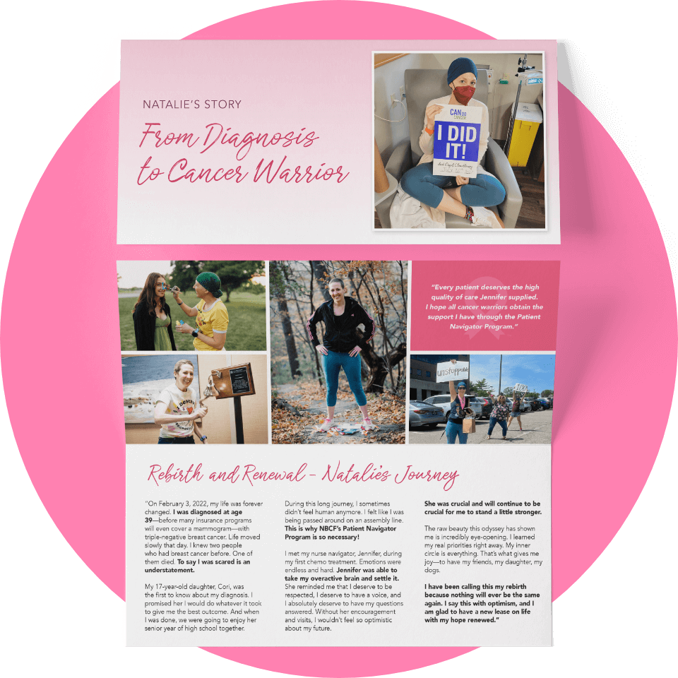 Brochure featuring 'Natalie's Story' about her journey from diagnosis to cancer warrior, with photos of Natalie and supporting text.