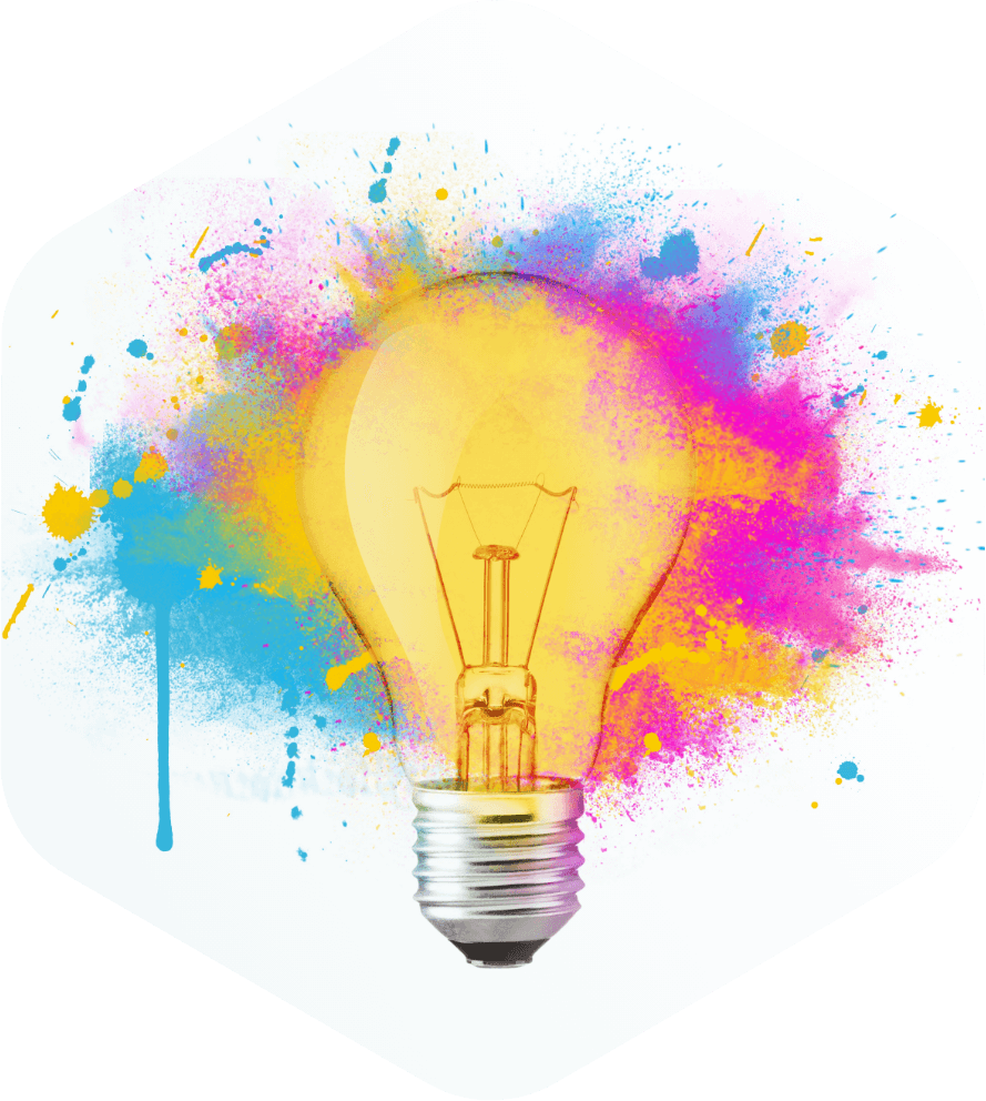 A classic light bulb in the center with a warm glow, surrounded by a vibrant splash of watercolor hues in blue, pink, yellow, and orange, depicting creativity, inspiration, and the brainstorming process, on a white hexagonal background with subtle paint drips.