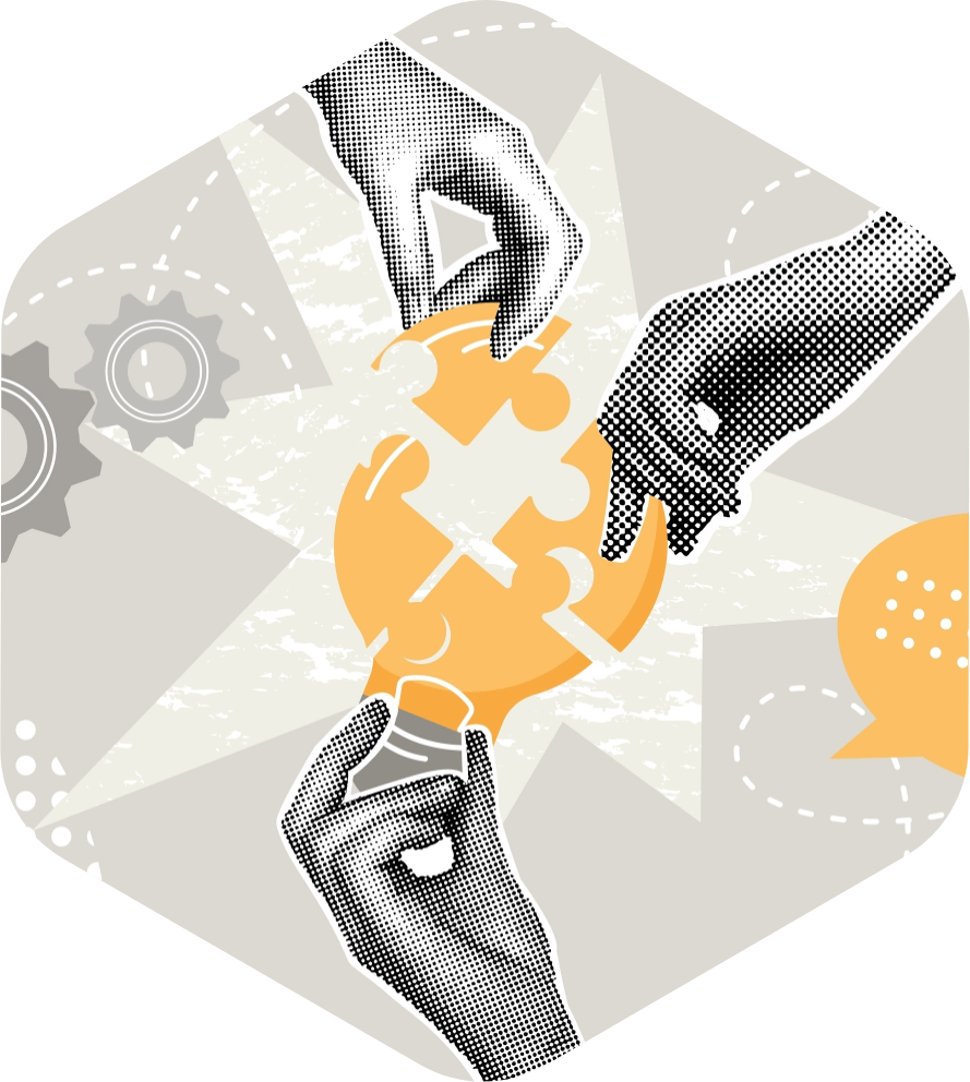 Three hands assembling puzzle pieces into a lightbulb representing teamwork and innovation