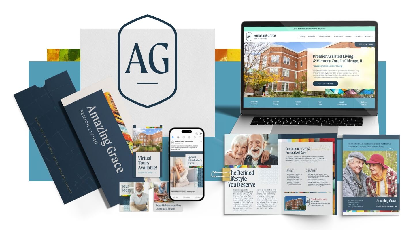 Branding materials for Amazing Grace Senior Living, featuring a website, brochures, flyers, and digital assets in elegant blue and gold tones.