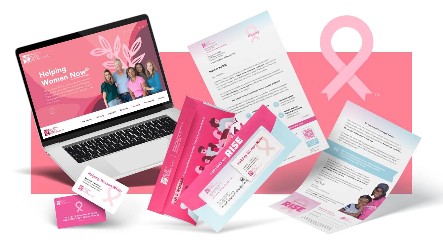 Marketing materials for National Breast Cancer Foundation’s “Helping Women Now” campaign, including a website, direct mail pieces, and donor outreach collateral in pink-themed branding.